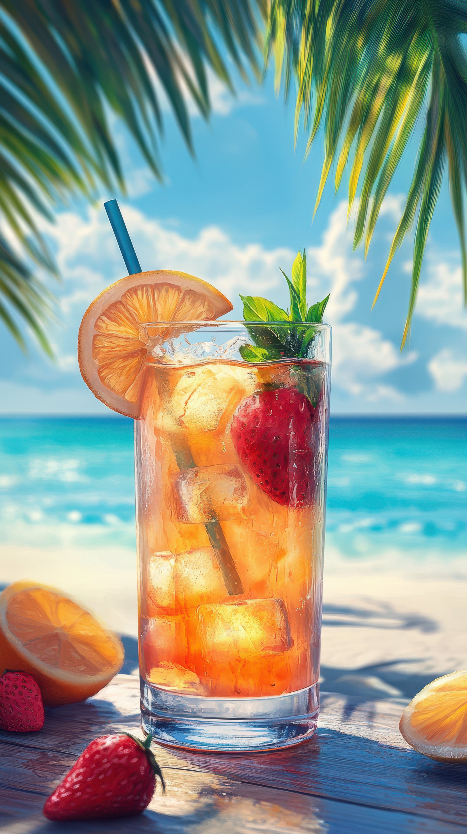 Refreshing tropical drink served on a sunny beach with vibrant fruits and a clear blue ocean in the background